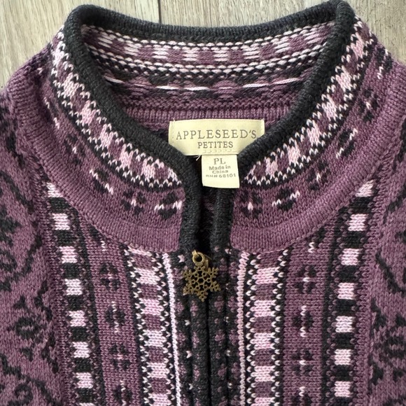 Appleseeds Petites Purple Black Snowflake Fair Isle Zip Up‎ Cardigan Sweater PL - Picture 4 of 7
